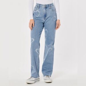 Hollister Blue Straight Leg Jeans with White Heart Pattern